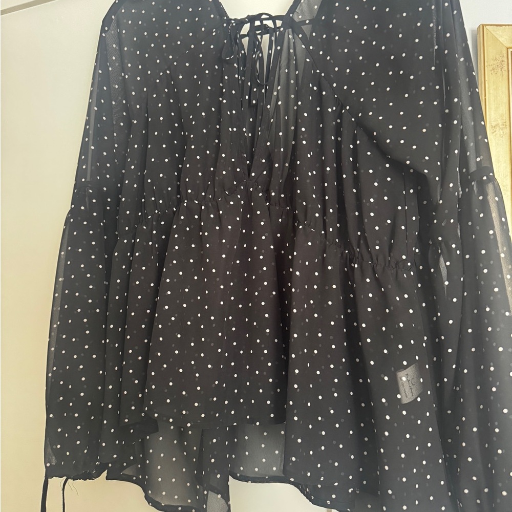 For Love and Lemons sheer black top with ties and white polka dots
